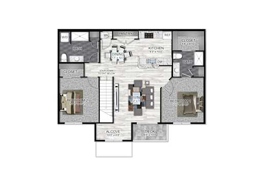 A floor plan of a house with two bedrooms, a living room, a dining room, a kitchen, a bathroom, a pantry, a closet, and an alcove.
