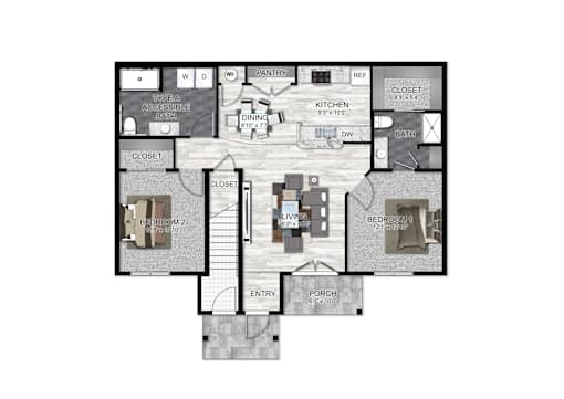 A floor plan of a house with two bedrooms, a living room, a kitchen, a pantry, a bathroom, and an entryway.