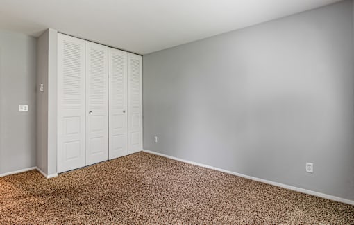A room with a carpeted floor and a white closet with doors.