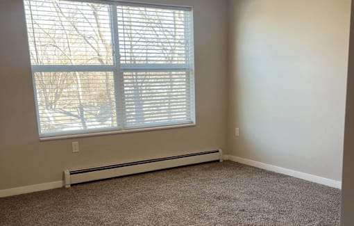 A room with a carpeted floor, a window with blinds, and a wall-mounted heater.