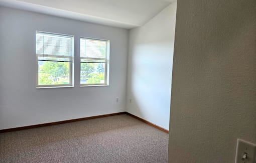 A room with a carpet floor and two windows.