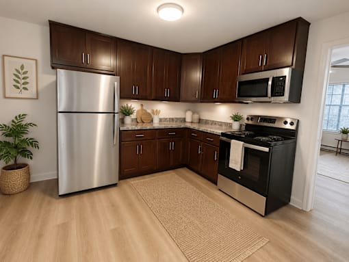A kitchen with wooden cabinets and a stainless steel refrigerator.