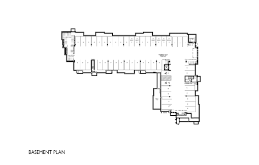 A black and white image of a basement plan.