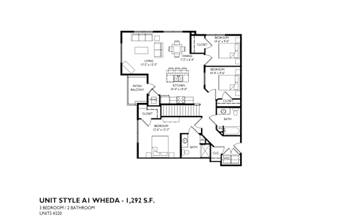A floor plan of a 1,292 square foot apartment with three bedrooms and two bathrooms.