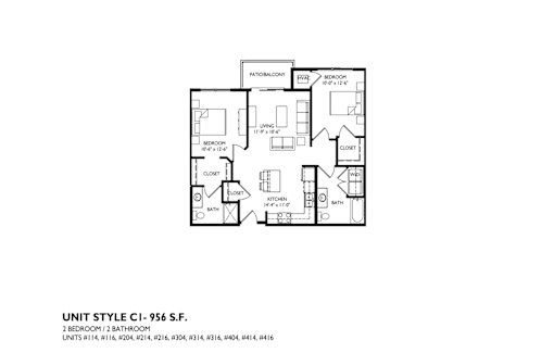 A floor plan of a 2 bedroom 2 bathroom apartment.