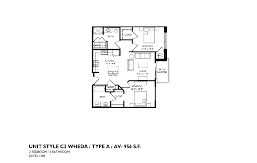 A floor plan of a 2 bedroom 2 bathroom apartment.
