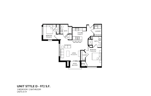 A floor plan of a 2 bedroom apartment.