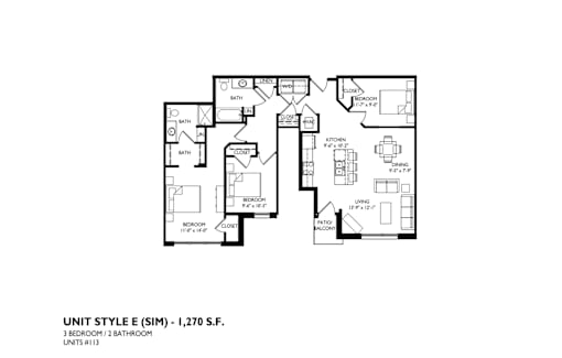 A floor plan of a 3 bedroom, 2 bathroom apartment.
