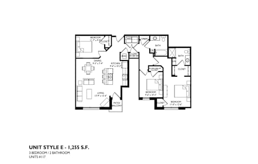 A floor plan of a 3 bedroom apartment with 2 bathrooms.