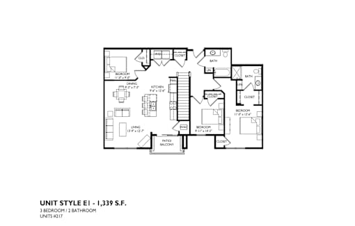 A floor plan of a 3 bedroom 2 bathroom apartment.
