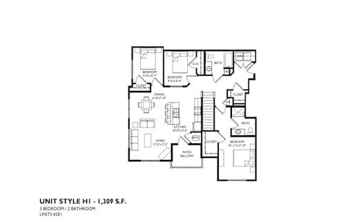 A floor plan of a unit with a living room, dining room, kitchen, and bathroom.