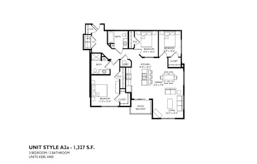 A floor plan of a 3 bedroom 2 bathroom apartment.