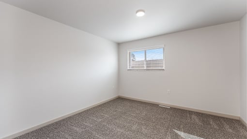 A room with a carpeted floor and a window with blinds.