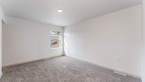 A large empty room with a carpeted floor and a window.