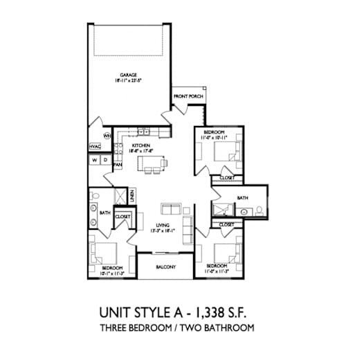 the unit style a floor plan  three bedroom two bathroom unit