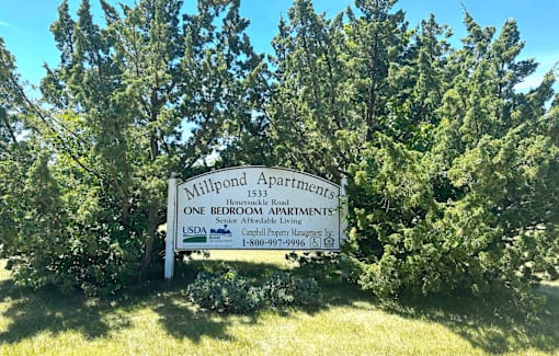 A sign for Millpond Apartments stands in front of a tree.