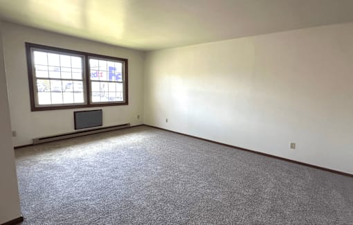 A room with a grey carpet and a window.