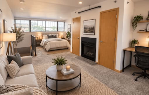 A cozy bedroom with a fireplace and a couch.