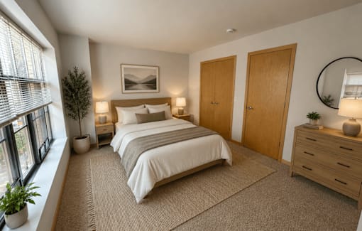 A bedroom with a large bed, two nightstands, and a window with blinds.