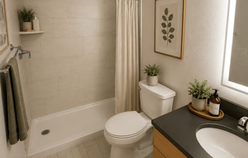 A white toilet sits in a bathroom next to a sink and a bathtub.