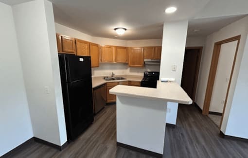 A kitchen with black appliances and wooden cabinets.