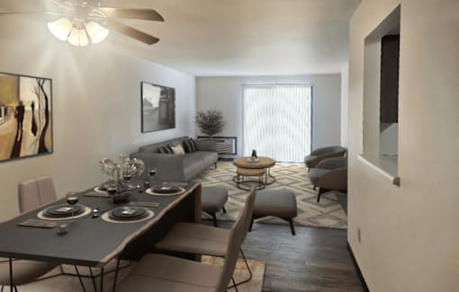 A modern dining room with a long table set for six.
