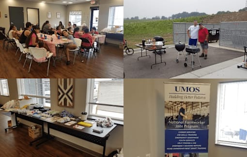 a collage of photos with people sitting at tables and a table with food on it