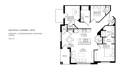 A black and white image of a floor plan for a G LivingWork unit.
