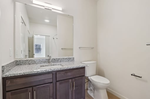 A bathroom with a marble counter top and white toilet.