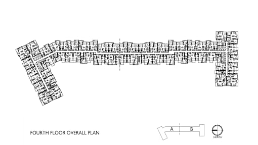 A black and white image of a floor plan labeled "fourth floor overall plan".