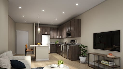 A modern kitchen with a dining area and a living room.