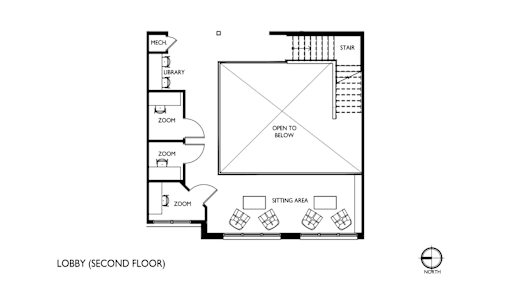 A floor plan of a lobby with a second floor.