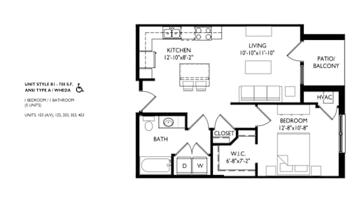 A floor plan of a small apartment with a living room, kitchen, bathroom, bedroom, and closet.