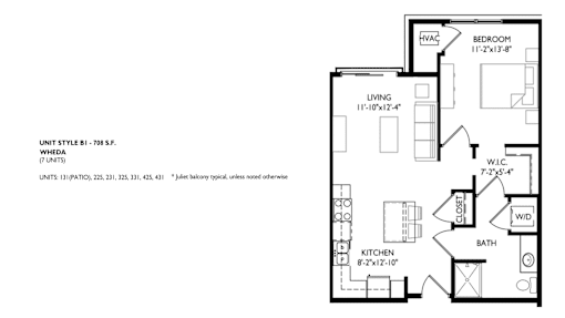 A floor plan of a unit style B1 - 708 S.F.