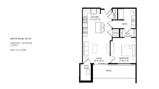A floor plan of a residential unit with a kitchen, living room, and bathroom.