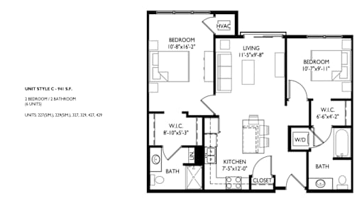 A black and white image of a floor plan for a unit style C - 941 S.F.