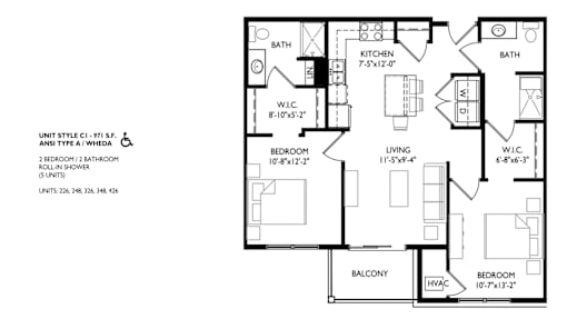 A floor plan of a home with a living room, two bedrooms, a bathroom, a kitchen, and a balcony.