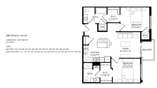 A floor plan of a residential unit with two bedrooms and two bathrooms.