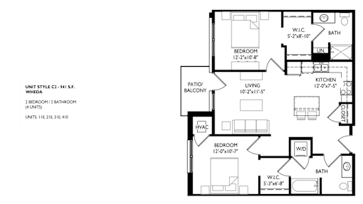 A floor plan of a two bedroom, two bathroom apartment.