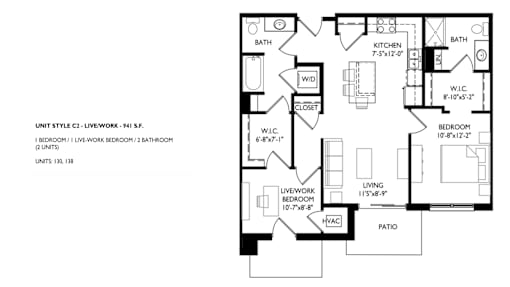 A floor plan of a home with a living room, kitchen, and two bedrooms.