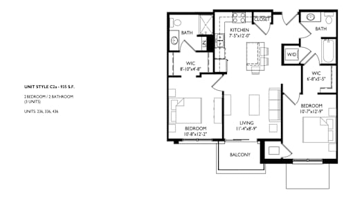 A black and white image of a floor plan for a 2 bedroom, 2 bathroom apartment.
