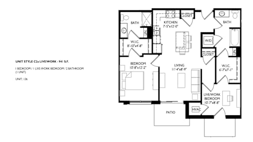 A black and white image of a floor plan for a home with two bedrooms, two bathrooms, a living room, and a kitchen.