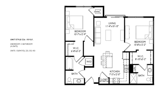 A floor plan of a 2 bedroom, 2 bathroom apartment.