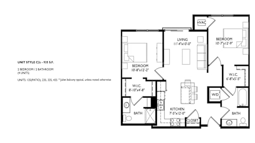 A floor plan of a 2 bedroom, 2 bathroom unit.