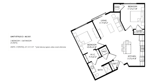 A floor plan of a two bedroom apartment with a bathroom and a kitchen.