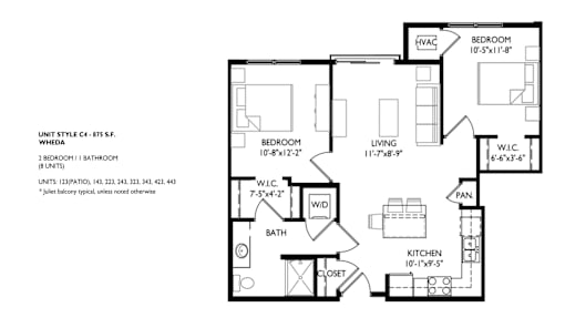 A floor plan of a unit style C4- 875 S.F. Wheda shows a bedroom, living room, bathroom, kitchen, and a W.L.C.