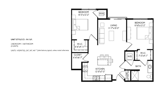 A floor plan of a unit style C5 with 4 bedrooms and 2 bathrooms.