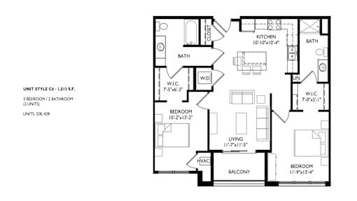 A floor plan of a 2 bedroom, 2 bathroom apartment.