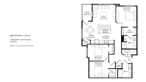 A black and white image of a floor plan for a 1,372 square foot unit with three bedrooms and two bathrooms.