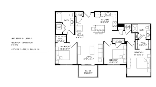 A floor plan of a house with three bedrooms, two bathrooms, a kitchen, a living room, and a patio balcony.